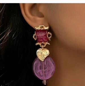 NEW! ZARA Purple & Pink Gemstones Dangle Drop Statement Post Earrings
